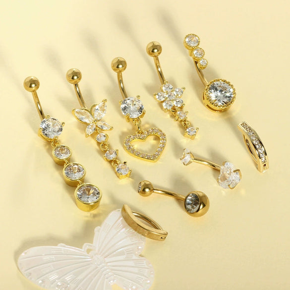 Belly Button Ring Stainless Steel Copper Inlaid Zircon Constellation Electroplating Heart Shaped Water Drop Style For Women