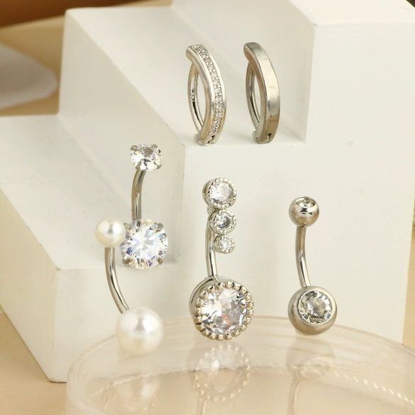 Belly Button Ring Stainless Steel Inlaid Zircon Geometric Style Electroplating Body Piercing Jewelry Set