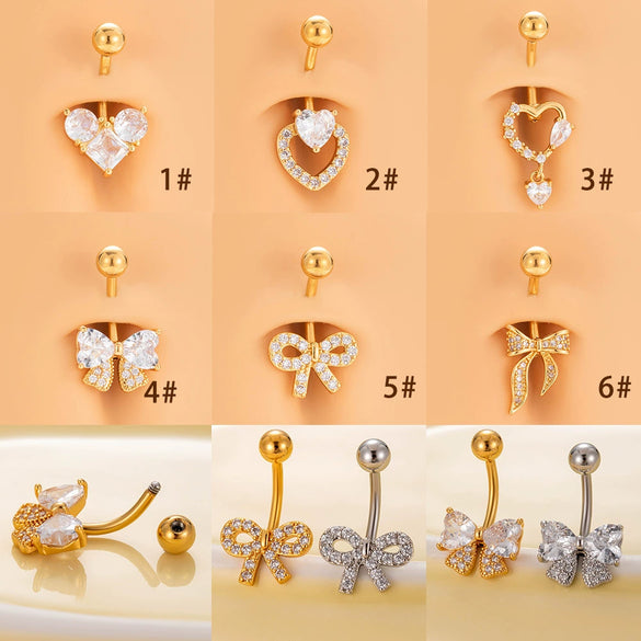 Belly Button Ring Stainless Steel Microinlaid Zircon Love Bow Women's Fashion Electroplating