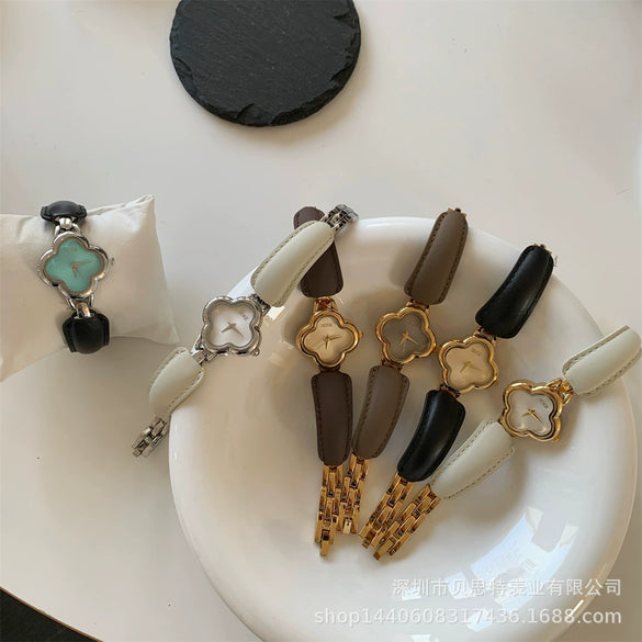 Belt Bracelet Watch Women Medieval Style Alloy Stainless Steel Four Leaf Clover Flower Shape