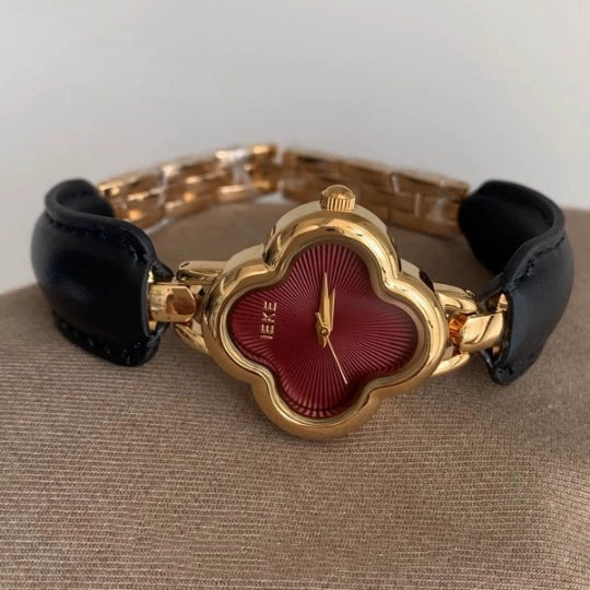 Belt Bracelet Watch Women Medieval Style Alloy Stainless Steel Four Leaf Clover Flower Shape
