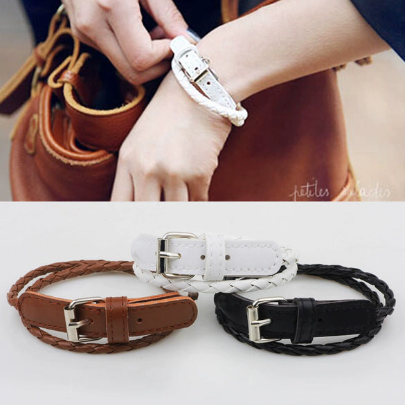 Belt Buckle Bracelet Pu Leather Double Ring Geometric Woven Ladies Fashion Jewelry