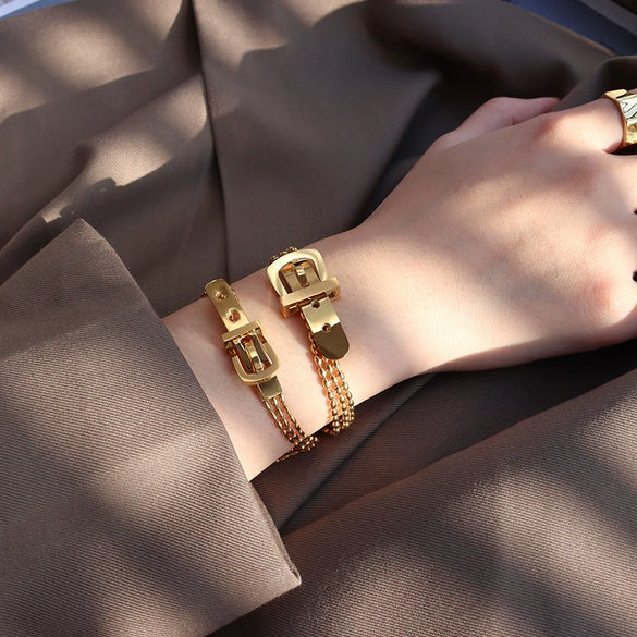 Belt Buckle Bracelet Titanium Steel 18K Gold Non Fading Electroplated Boyfriend Style Jewelry