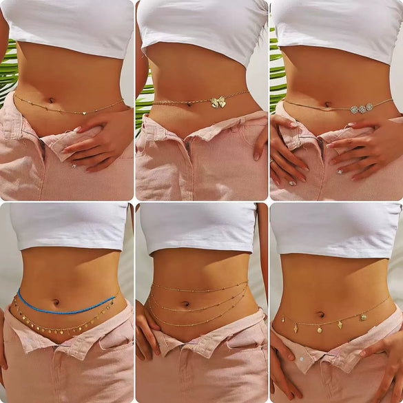 Bikini Navel Waist Chain Metal Multi Layer Pearl All Match Style
