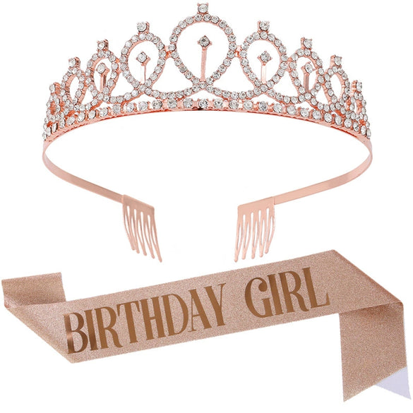 Birthday Crown Shoulder Strap Set Alloy Gold Powder Electroplating Simple Geometric Style For Girls