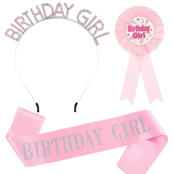 Birthday Girl Headband Shoulder Strap Badge 3Piece Set Alloy Semimanual And Semimechanical Party Decoration Accessories