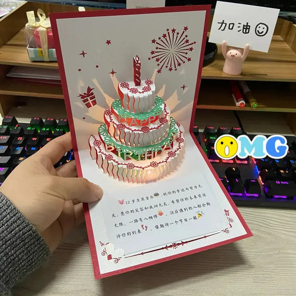 Birthday Greeting Card Music Light 3d 3d Cake Diy Handmade Gift High Sense Blessing Staff Card