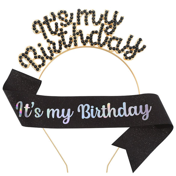Birthday Hair Band Shoulder Belt Courtesy Belt Set Women's Headwear Hair Accessories Alloy Satin Glitter Cloth Electroplating Oil Dripping Hot Stamping