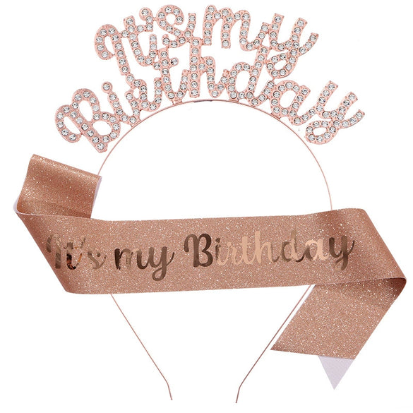 Birthday Hair Band Shoulder Belt Courtesy Belt Set Women's Headwear Hair Accessories Alloy Satin Glitter Cloth Electroplating Oil Dripping Hot Stamping