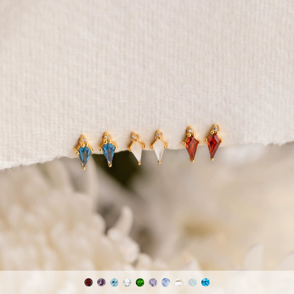 Birthstone Stud Earrings Geometric Style Titanium Steel Real Gold Electroplated For Women