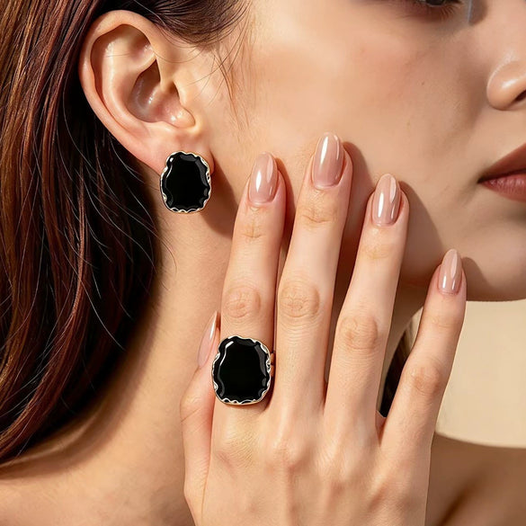 Black And Gold Geometric Drop Earrings And Ring Set Irregular Shape Polished Electroplated Iron Jewelry Accessories
