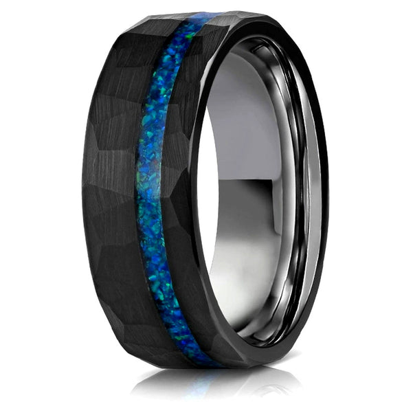Black And Goldtone Tungsten Steel Ring With Blue Opal Inlay And Flat Hammered Geometric Design