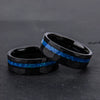 Black And Goldtone Tungsten Steel Ring With Blue Opal Inlay And Flat Hammered Geometric Design