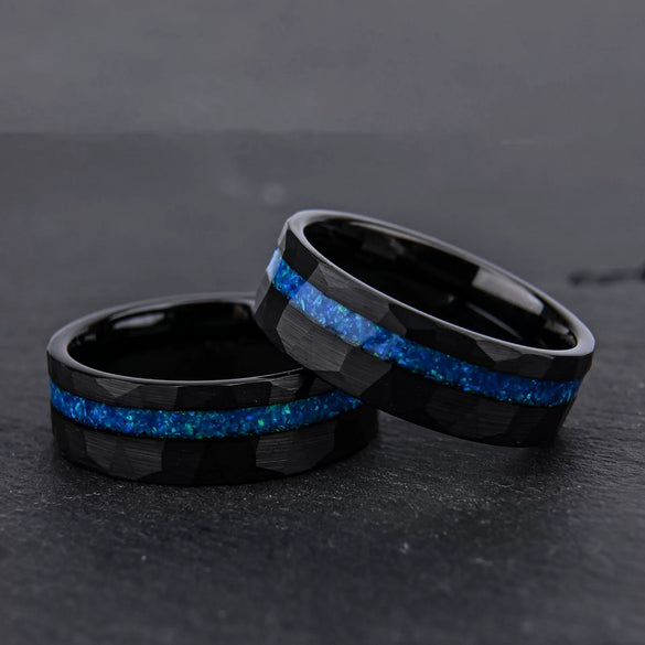 Black And Goldtone Tungsten Steel Ring With Blue Opal Inlay And Flat Hammered Geometric Design