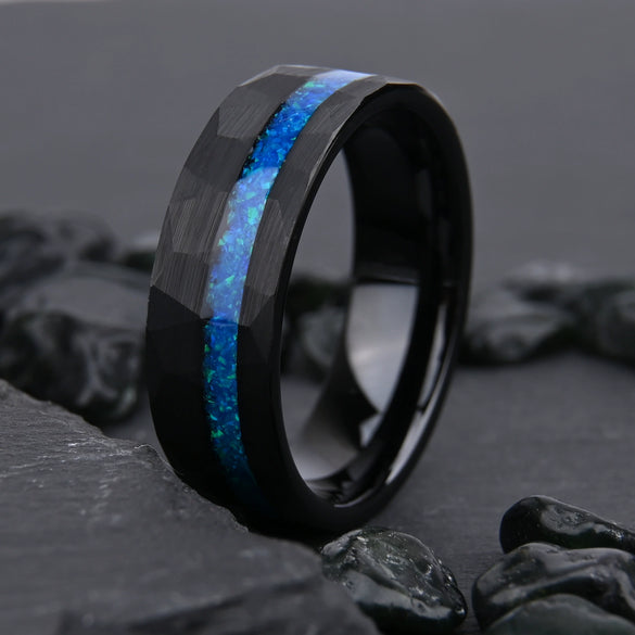 Black And Goldtone Tungsten Steel Ring With Blue Opal Inlay And Flat Hammered Geometric Design