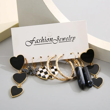 Black Butterfly Checkerboard Plaid Peach Heart C- Shaped Earrings 5-Piece Set