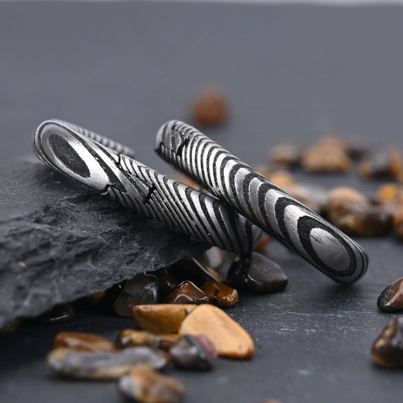 Black Electroplated Damascus Steel Round Earrings With Stainless Steel Ear Posts Minimalist Geometric Unisex Jewelry