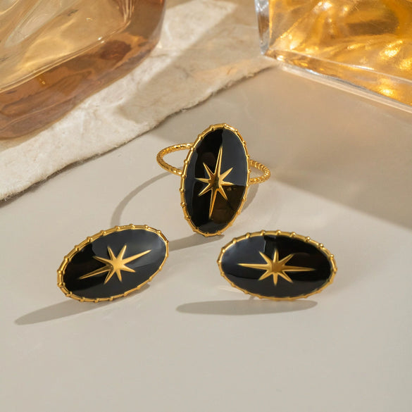 Black Gold Classic Star Oval Women's Stainless Steel Earrings And Ring With Electroplating Design