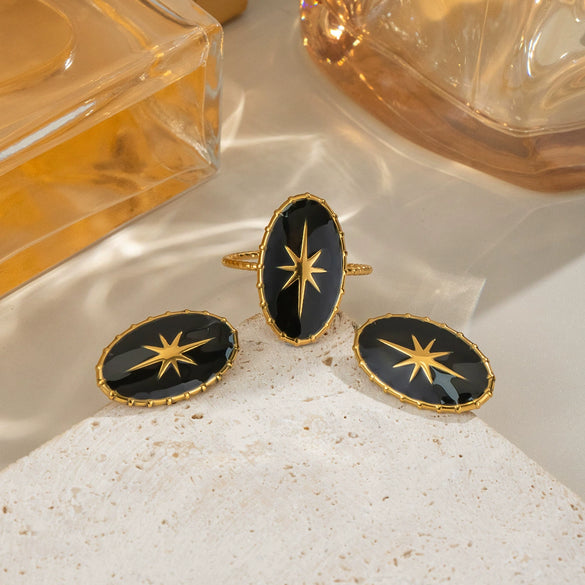 Black Gold Classic Star Oval Women's Stainless Steel Earrings And Ring With Electroplating Design