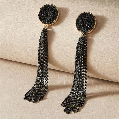 Black Retro Long Diamond Tassel Earrings