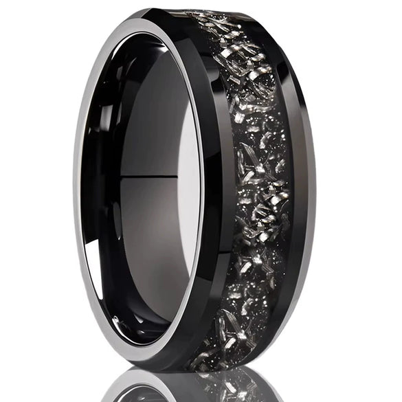 Black Tungsten Steel Ring With Smooth Surface Beveled Edges And Imitation Meteorite Fragment Inlay Minimalist Geometric Unisex Jewelry