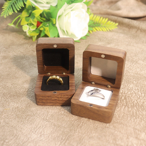 Black Walnut Wooden Jewelry Ring Box With Flannel Lining Square Carved Gift Box For Proposal And Wedding
