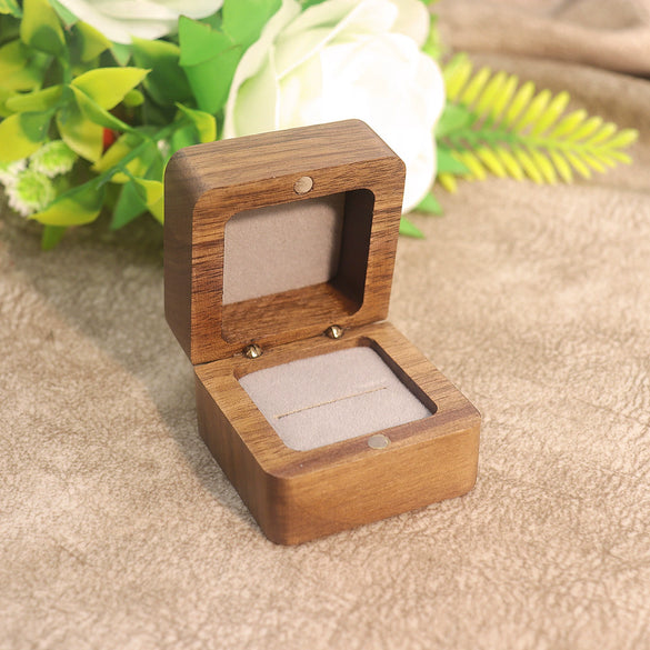 Black Walnut Wooden Jewelry Ring Box With Flannel Lining Square Carved Gift Box For Proposal And Wedding