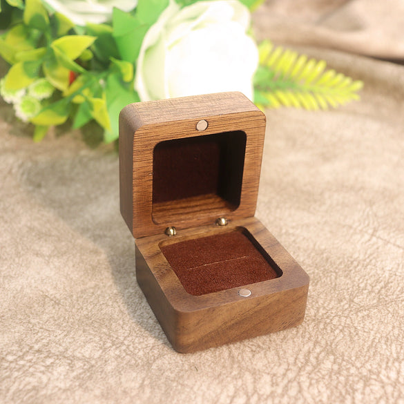 Black Walnut Wooden Jewelry Ring Box With Flannel Lining Square Carved Gift Box For Proposal And Wedding