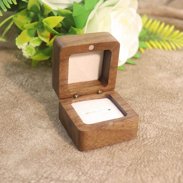 Black Walnut Wooden Jewelry Ring Box With Flannel Lining Square Carved Gift Box For Proposal And Wedding