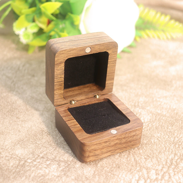 Black Walnut Wooden Jewelry Ring Box With Flannel Lining Square Carved Gift Box For Proposal And Wedding