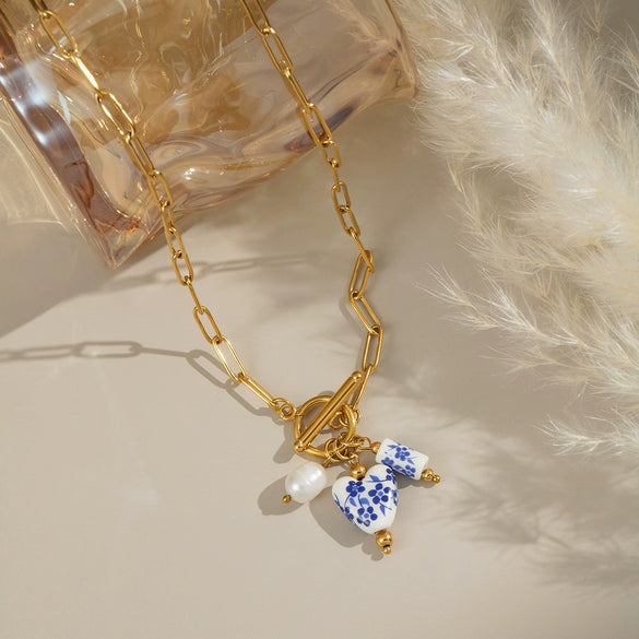 Blue And White Porcelain Flower Stainless Steel Jewelry Necklace With Dripping Oil Enamel And Electroplating Geometric Design
