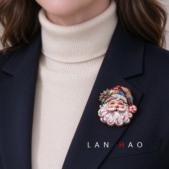 Blue And White Porcelaininspired Rhinestone Santa Claus Brooch With Glaze Drip Finish Electroplated Alloy Festive Pin
