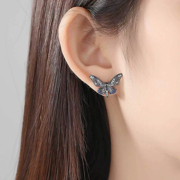 Blue Butterfly Stud Earrings With Zircon Accents Electroplated Copper Geometric Fashion Jewelry For Women