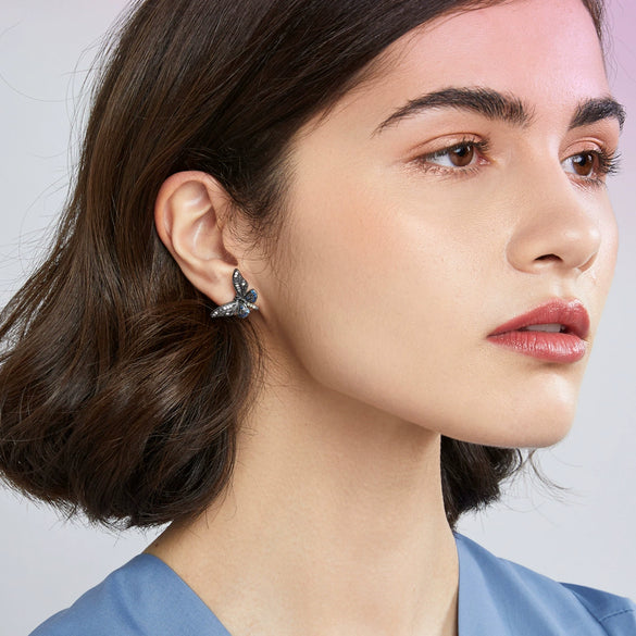 Blue Butterfly Stud Earrings With Zircon Accents Electroplated Copper Geometric Fashion Jewelry For Women