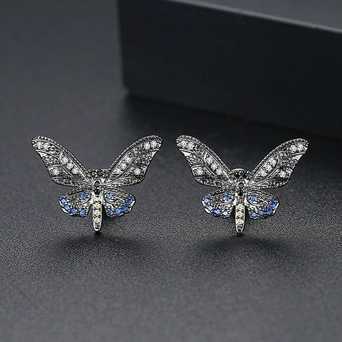 Blue Butterfly Stud Earrings With Zircon Accents Electroplated Copper Geometric Fashion Jewelry For Women