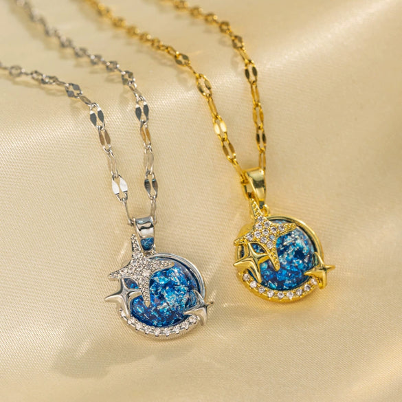 Blue Diamond Planet Titanium Steel Necklace With Electroplating Treatment Water Wave Chain Star And Constellation Pattern For Women