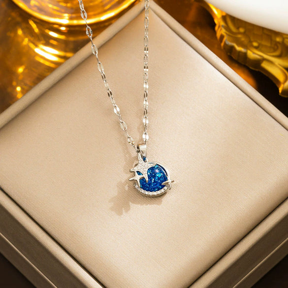 Blue Diamond Planet Titanium Steel Necklace With Electroplating Treatment Water Wave Chain Star And Constellation Pattern For Women