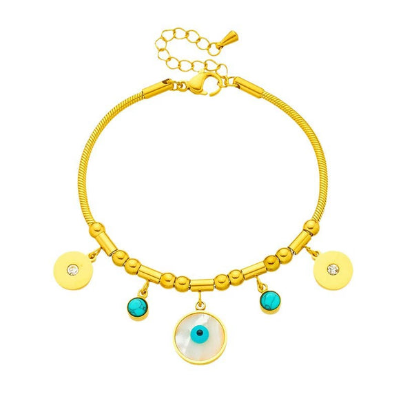 Blue Eyes Round Pendant Retro Personality Niche Turquoise Pendant Titanium Steel Chain Metal Bracelet With Electroplating