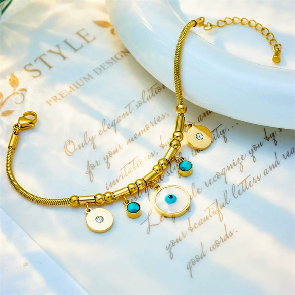 Blue Eyes Round Pendant Retro Personality Niche Turquoise Pendant Titanium Steel Chain Metal Bracelet With Electroplating