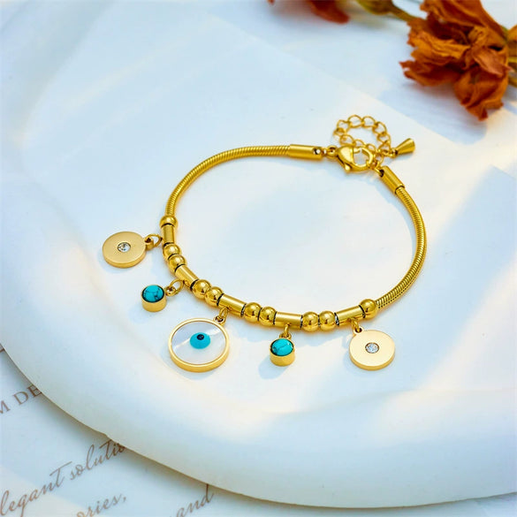 Blue Eyes Round Pendant Retro Personality Niche Turquoise Pendant Titanium Steel Chain Metal Bracelet With Electroplating