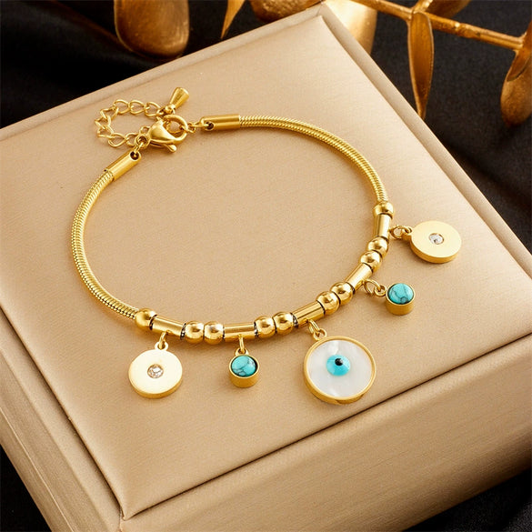 Blue Eyes Round Pendant Retro Personality Niche Turquoise Pendant Titanium Steel Chain Metal Bracelet With Electroplating