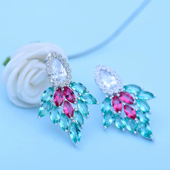 Blue Leafshaped Copper Zircon Earrings With Electroplated Finish For Women Fashion Jewelry