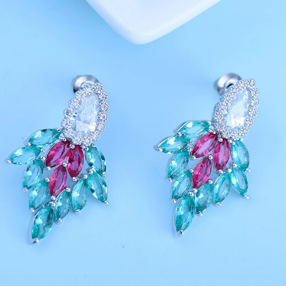 Blue Leafshaped Copper Zircon Earrings With Electroplated Finish For Women Fashion Jewelry