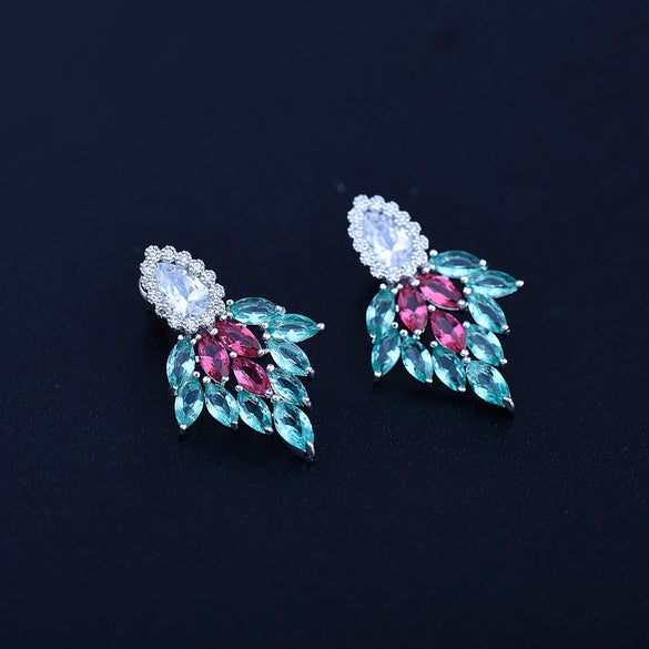 Blue Leafshaped Copper Zircon Earrings With Electroplated Finish For Women Fashion Jewelry