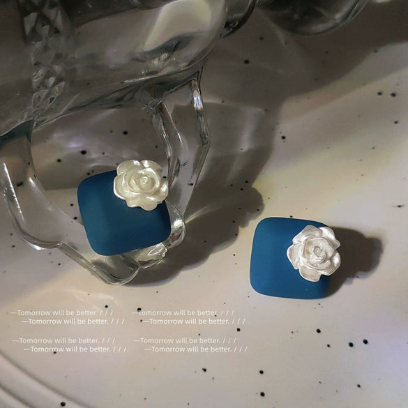 Blue Square Resin Rose Flower Stud Earrings For Women Electroplated Geometric Floral Fashion Earrings