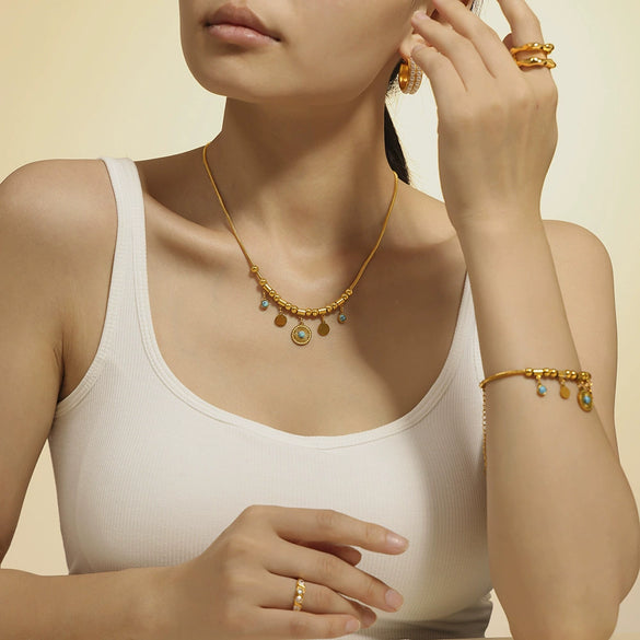 Blue Turquoise Round Pendant Necklace And Bracelet Fashion Light Luxury Accessories Titanium Steel 18K Gold Plated
