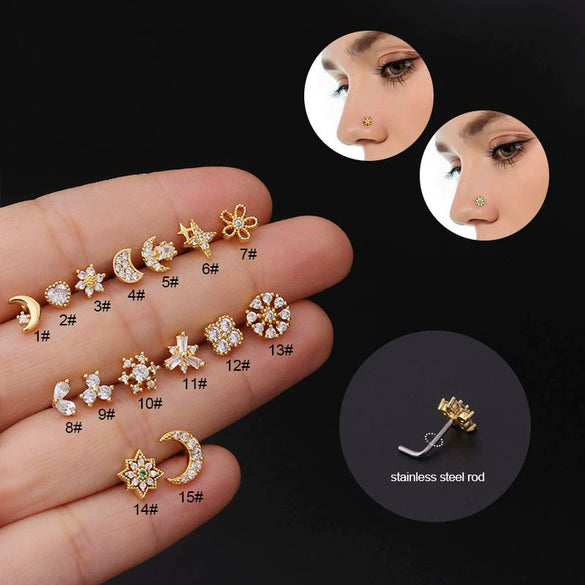 Body Piercing Jewelry Stainless Steel Glshaped Nose Ring With Microinlaid Zircon And Flower Pattern Electroplated For Women