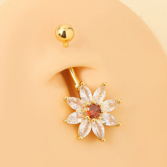 Body Piercing Jewelry Stainless Steel Snowflake Flower Navel Ring Electroplating For Women