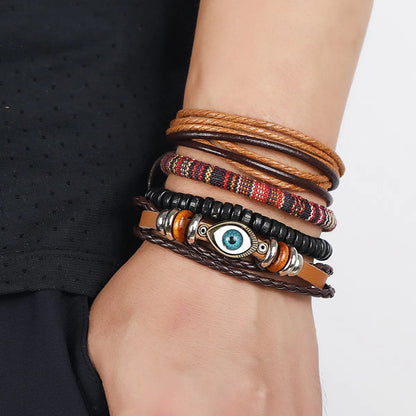 Simple Diy Four-Piece Combination Multi-Layer Cattle Leather Bracelet Vintage Weave Eye Bracelet Bohemian Ornament