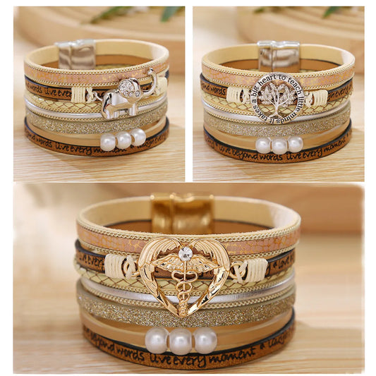 Bohemian Angel Life Tree Elephant Stainless Steel Pu Leather Alloy Layered Women's Bracelets